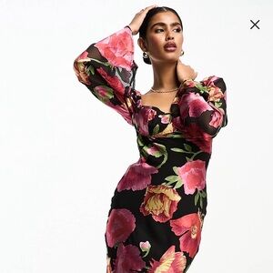 ASOS Black Floral Square-Neck Midi Dress with Pink Blossoms